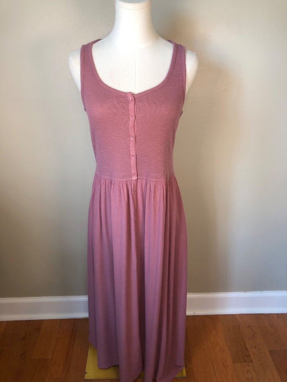 FRYE Mauve Pink Maxi Tank Dress Button Front Knit Bodice Cotton Rayon Pockets-Sm